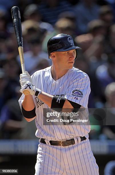 Clint Barmes of the Colorado Rockies takes an at bat against the San Diego Padres during MLB action on Opening Day at Coors Field on April 9, 2010 in...