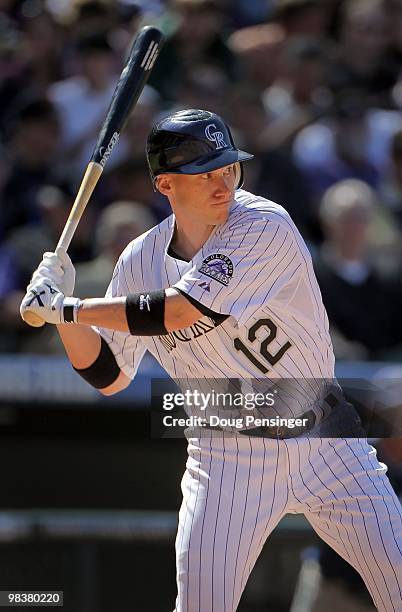 Clint Barmes of the Colorado Rockies takes an at bat against the San Diego Padres during MLB action on Opening Day at Coors Field on April 9, 2010 in...