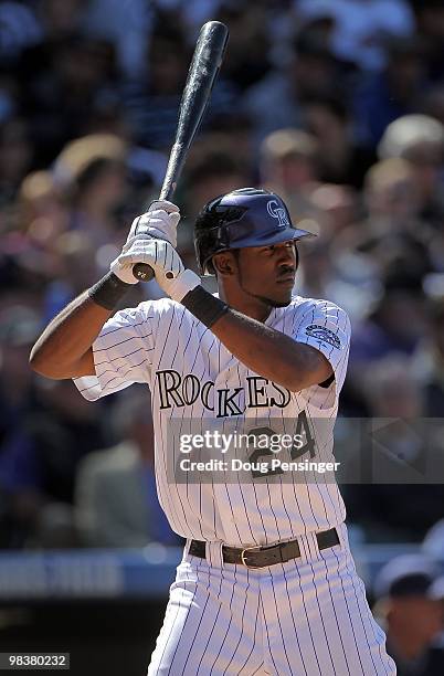 Dexter Fowler of the Colorado Rockies takes an at bat against the San Diego Padres during MLB action on Opening Day at Coors Field on April 9, 2010...