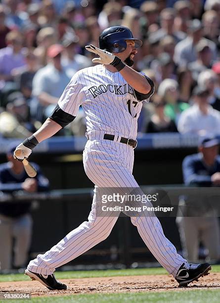 Todd Helton of the Colorado Rockies takes an at bat against the San Diego Padres during MLB action on Opening Day at Coors Field on April 9, 2010 in...