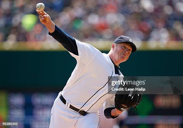 Jeremy Bonderman of the Detroit Tigers pitches in the first inning against the Cleveland Indians on April 10, 2010 at Comerica Park in Detroit,...