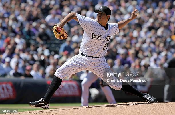 Starting pitcher Jorge De La Rosa of the Colorado Rockies delivers against the San Diego Padres during MLB action on Opening Day at Coors Field on...