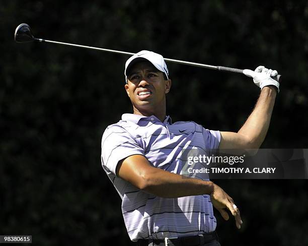 Tiger Woods on the 5th hole during the 3rd round of the 2010 Masters Tournament at Augusta National Golf Club on April10, 2010 in Augusta, Georgia....