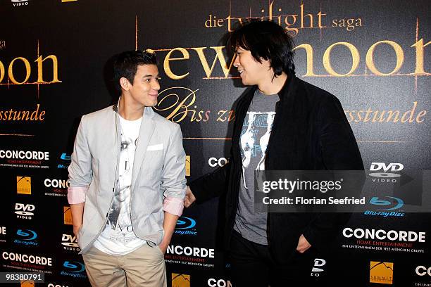 Actor Bronson Pelletier and actor Chaske Spencer attend the 'Twilight: New Moon' fan-event at Hangar 2 of the Tempelhof Airport on April 10, 2010 in...