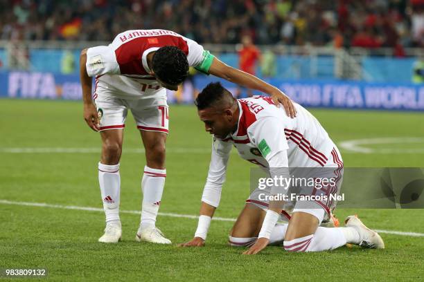 Youssef En Nesyri of Morocco celebrates after scoring his team's second goal during the 2018 FIFA World Cup Russia group B match between Spain and...