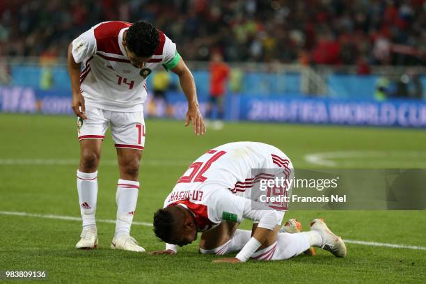 Youssef En Nesyri of Morocco celebrates after scoring his team's second goal during the 2018 FIFA World Cup Russia group B match between Spain and...