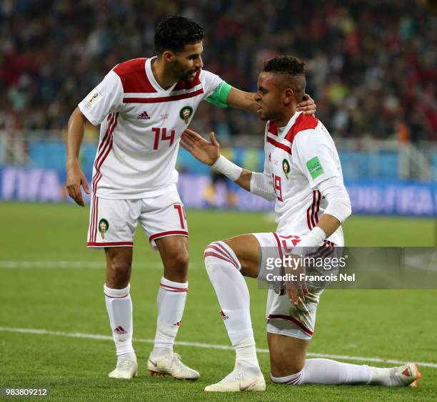 Youssef En Nesyri of Morocco celebrates after scoring his team's second goal during the 2018 FIFA World Cup Russia group B match between Spain and...