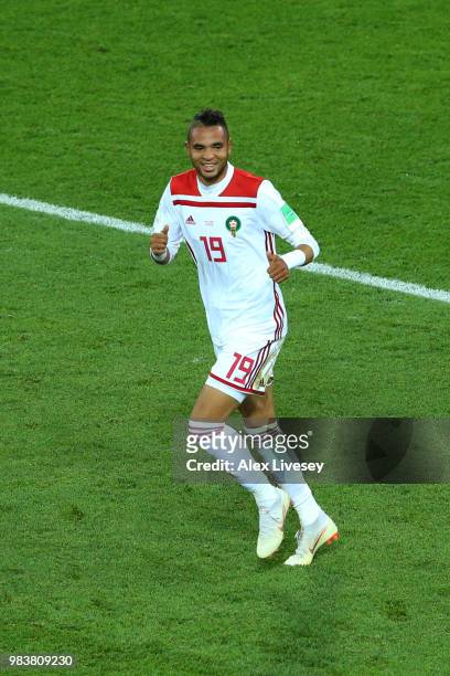 Youssef En Nesyri of Morocco celebrates after scoring his team's second goal during the 2018 FIFA World Cup Russia group B match between Spain and...