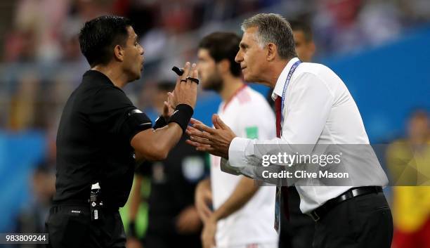 Carlos Queiroz, Head coach of Iran argues with Referee Enrique Caceres during the 2018 FIFA World Cup Russia group B match between Iran and Portugal...