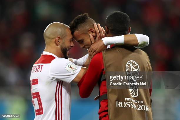 Youssef En Nesyri of Morocco celebrates with teammates after scoring his team's second goal during the 2018 FIFA World Cup Russia group B match...