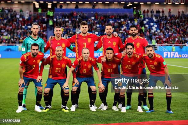 The Spain team line up before the 2018 FIFA World Cup Russia group B match between Spain and Morocco at Kaliningrad Stadium on June 25, 2018 in...