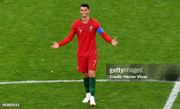 Cristiano Ronaldo of Portugal reacts after receiving a yellowcard during the 2018 FIFA World Cup Russia group B match between Iran and Portugal at...