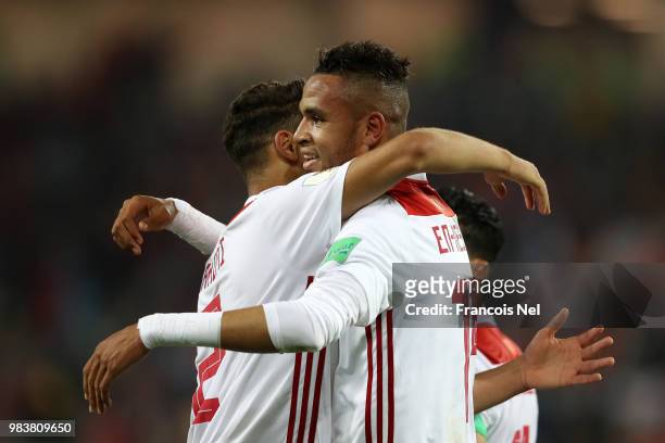 Youssef En Nesyri of Morocco celebrates with teammate Achraf Hakimi after scoring his team's second goal during the 2018 FIFA World Cup Russia group...