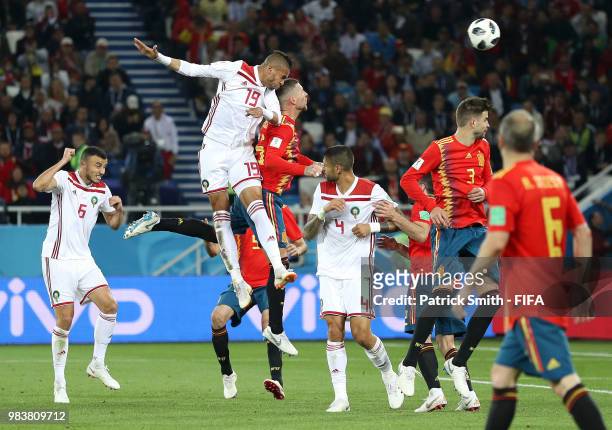 Youssef En Nesyri of Morocco scores his team's second goal during the 2018 FIFA World Cup Russia group B match between Spain and Morocco at...
