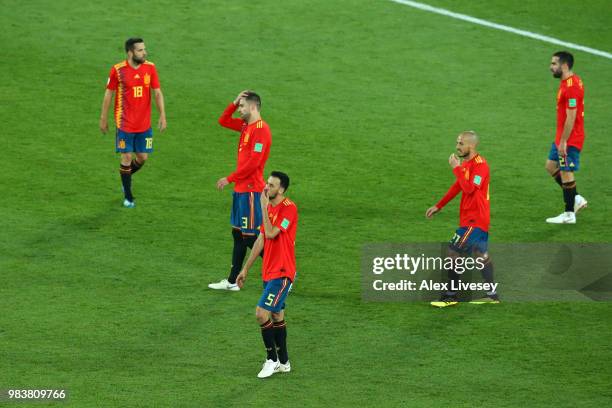 Spain players look dejected after conceding during the 2018 FIFA World Cup Russia group B match between Spain and Morocco at Kaliningrad Stadium on...
