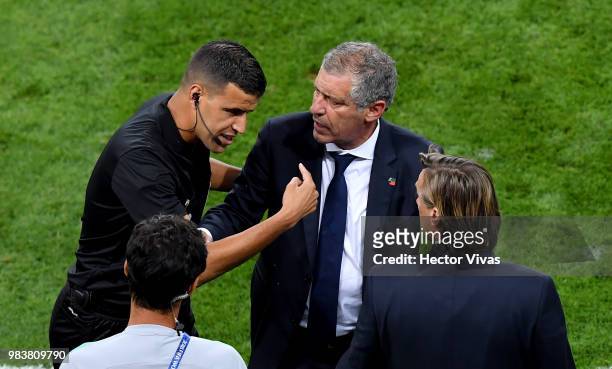 Fernando Santos, Head coach of Portugal argues with Referee Enrique Caceres during the 2018 FIFA World Cup Russia group B match between Iran and...
