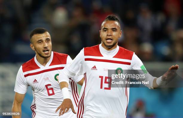 Youssef En Nesyri of Morocco celebrates after scoring his team's second goal during the 2018 FIFA World Cup Russia group B match between Spain and...