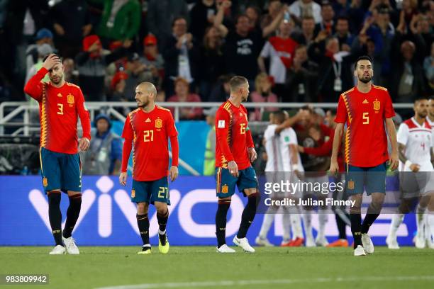 Spain players look dejected after conceding during the 2018 FIFA World Cup Russia group B match between Spain and Morocco at Kaliningrad Stadium on...