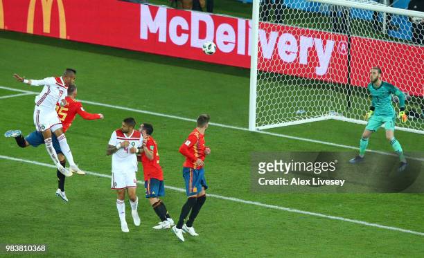 Youssef En Nesyri of Morocco scores his team's second goal during the 2018 FIFA World Cup Russia group B match between Spain and Morocco at...