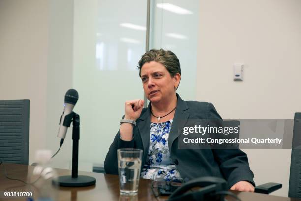 March 19: Julie Conway at the EMILY's List DC office before speaking as guest on an episode of the podcast "House Talk with Ali and Liesl," March 19,...