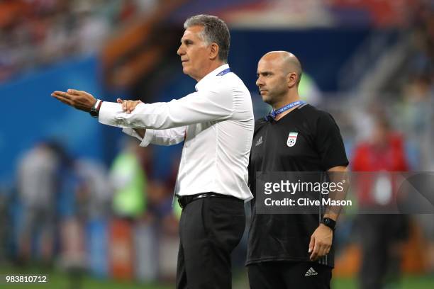 Carlos Queiroz, Head coach of Iran appeals for a handball during the 2018 FIFA World Cup Russia group B match between Iran and Portugal at Mordovia...