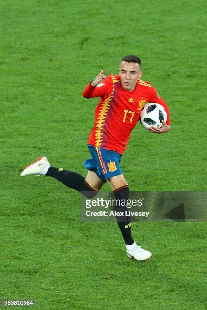 Iago Aspas of Spain celebrates after scoring his team's second goal during the 2018 FIFA World Cup Russia group B match between Spain and Morocco at...