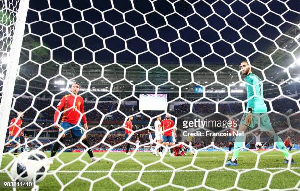 David De Gea of Spain looks dejected after conceding a second goal by Youssef En Nesyri of Morocco during the 2018 FIFA World Cup Russia group B...