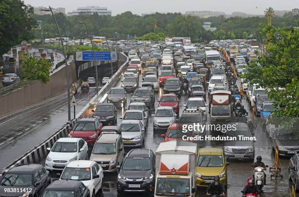 Heavy traffic due to rain on WEH at Santacruz on June 25, 2018 in Mumbai, India. Heavy downpour led to waterlogging at several places including roads...