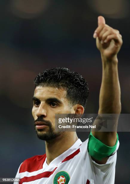 Mbark Boussoufa of Morocco shows appreciation to the fans after the 2018 FIFA World Cup Russia group B match between Spain and Morocco at Kaliningrad...