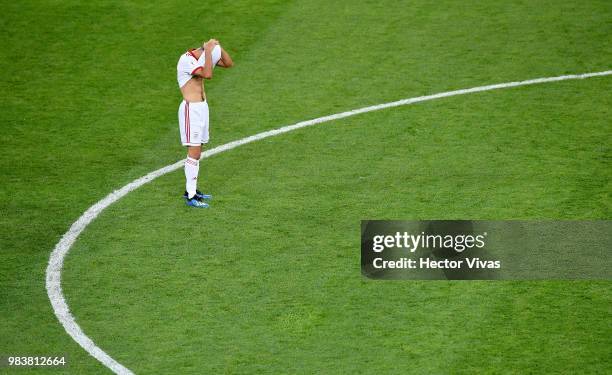 Milad Mohammadi of Iran reacts following the 2018 FIFA World Cup Russia group B match between Iran and Portugal at Mordovia Arena on June 25, 2018 in...