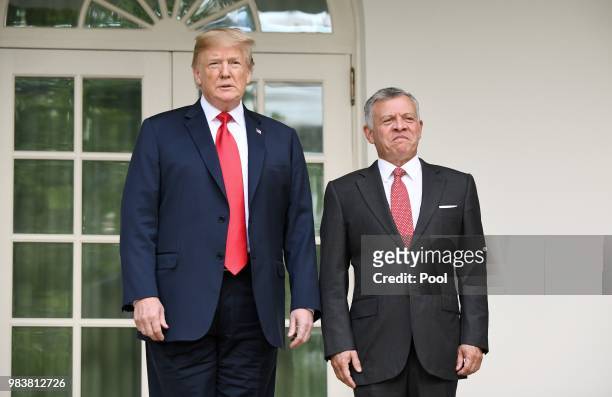 President Donald Trump and King Abdullah II pose on the colonnade of the White House on June 25, 2018 in Washington, DC.
