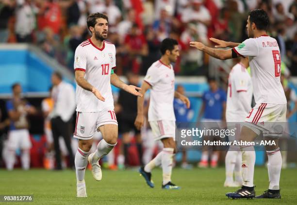 Karim Ansarifard of IR Iran celebrates scoring a goal to make it 1-1 during the 2018 FIFA World Cup Russia group B match between Iran and Portugal at...
