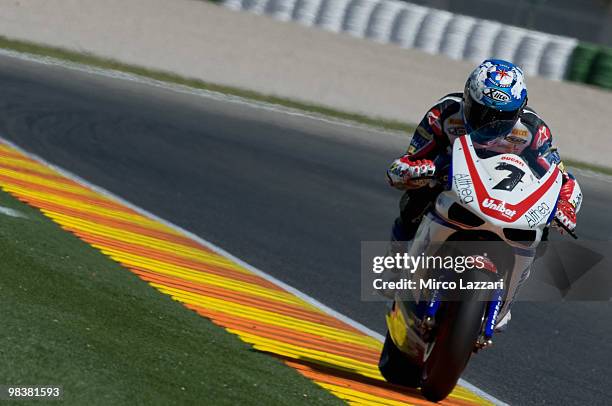 Carlos Checa of Spain and Althea Racing heads down a straight during the qualifying practice session ahead of the Superbike Grand Prix Of Valencia at...