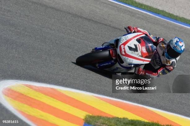 Carlos Checa of Spain and Althea Racing rounds the bend during the qualifying practice session ahead of the Superbike Grand Prix Of Valencia at...