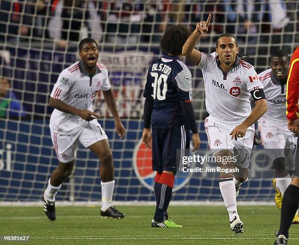 Dwayne DeRosario of Toronto FC scores a goal against the New England Revolution at Gillette Stadium on April 10, 2010 in Foxboro, Massachusetts.