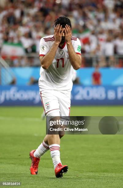 Mehdi Taremi of Iran reacts during the 2018 FIFA World Cup Russia group B match between Iran and Portugal at Mordovia Arena on June 25, 2018 in...