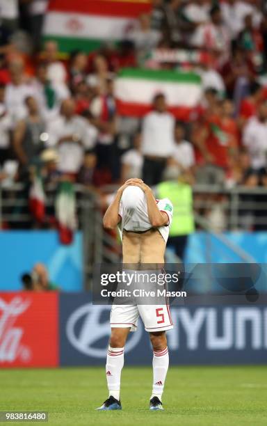 Milad Mohammadi of Iran reacts following the 2018 FIFA World Cup Russia group B match between Iran and Portugal at Mordovia Arena on June 25, 2018 in...