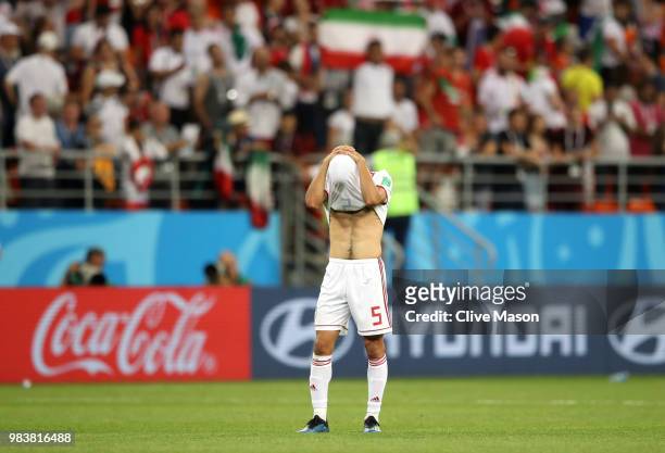 Milad Mohammadi of Iran reacts following the 2018 FIFA World Cup Russia group B match between Iran and Portugal at Mordovia Arena on June 25, 2018 in...