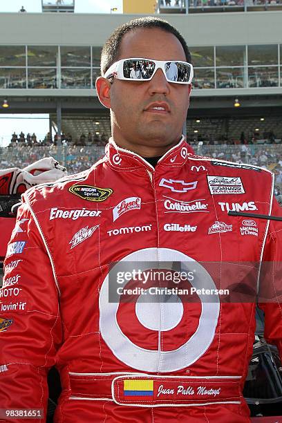 Juan Pablo Montoya, driver of the Target Chevrolet, looks before the NASCAR Sprint Cup Series SUBWAY Fresh Fit 600 at Phoenix International Raceway...