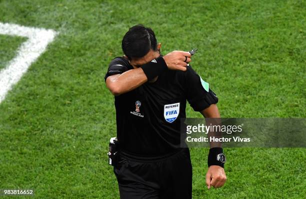 Referee Enrique Caceres reacts during the 2018 FIFA World Cup Russia group B match between Iran and Portugal at Mordovia Arena on June 25, 2018 in...