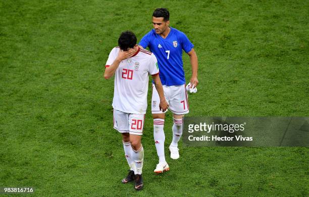 Sardar Azmoun of Iran and Masoud Shojaei react following the 2018 FIFA World Cup Russia group B match between Iran and Portugal at Mordovia Arena on...