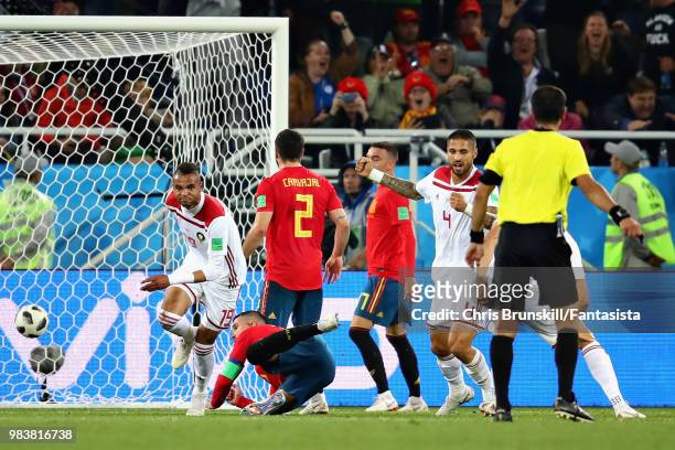 Youssef En-Nesyri of Morocco scores his sides second goal during the 2018 FIFA World Cup Russia group B match between Spain and Morocco at...