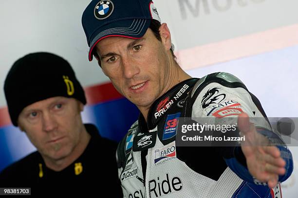 Ruben Xaus of Spain and BMW Motorrad Motorsport speaks in box during the qualifying practice session ahead of the Superbike Grand Prix Of Valencia at...