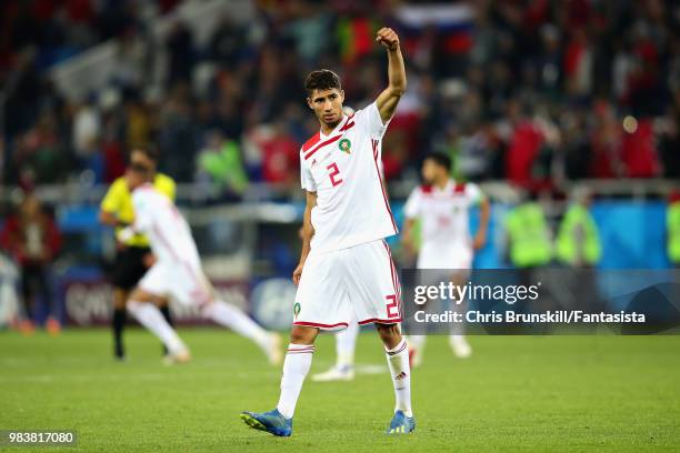 Achraf Hakimi of Morocco celebrates after his sides second goal during the 2018 FIFA World Cup Russia group B match between Spain and Morocco at...