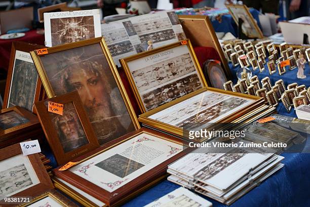 Images of the Holy Shroud are diplayed on April 10, 2010 in Turin, Italy. The Holy Shroud will be displayed at the Cathedral of Torino from April 10...