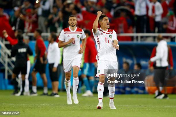 Faycal Fajr of Morocco celebrates after Youssef En Nesyri of Morocco scored their sides second goal during the 2018 FIFA World Cup Russia group B...