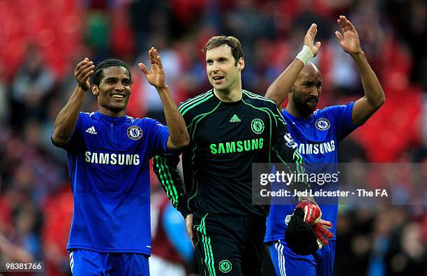 Florent Malouda, Petr Cech and Nicolas Anelka of Chelsea celebrate victory after the FA Cup sponsored by E.ON Semi Final match between Aston Villa...