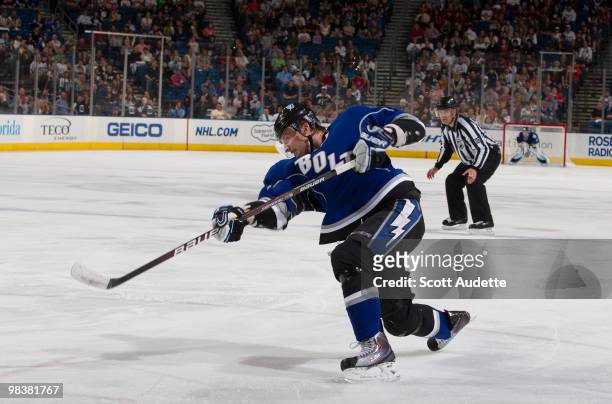 Steven Stamkos of the Tampa Bay Lightning scores his 49th goal of the season in the first period against the Florida Panthers at the St. Pete Times...