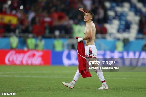 Faycal Fajr of Morocco celebrates following the 2018 FIFA World Cup Russia group B match between Spain and Morocco at Kaliningrad Stadium on June 25,...