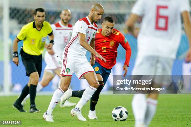 Karim El Ahmadi of Morocco, Rodrigo of Spain during the World Cup match between Spain v Morocco at the Kaliningrad Stadium on June 25, 2018 in...